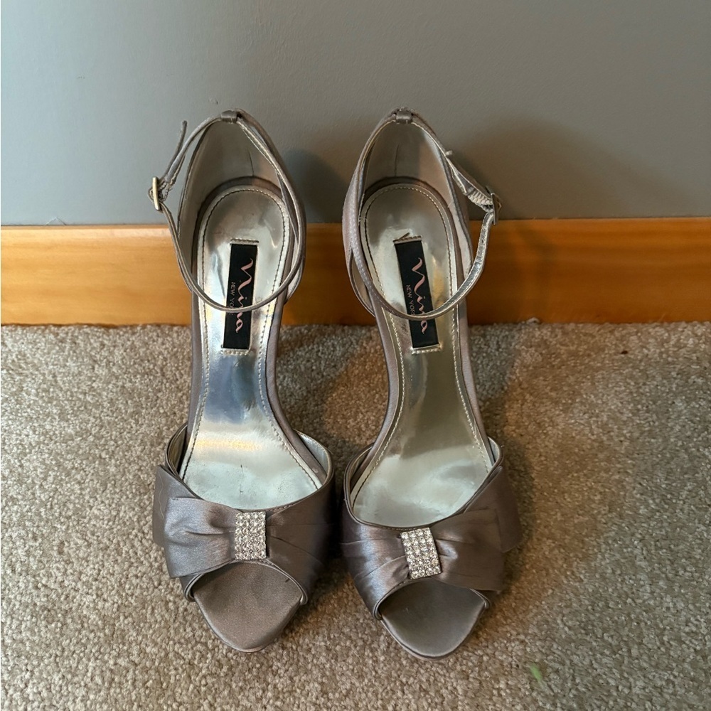 Nina New York Satin Open Toe Ankle Strap Rhinestone Ornament Heels